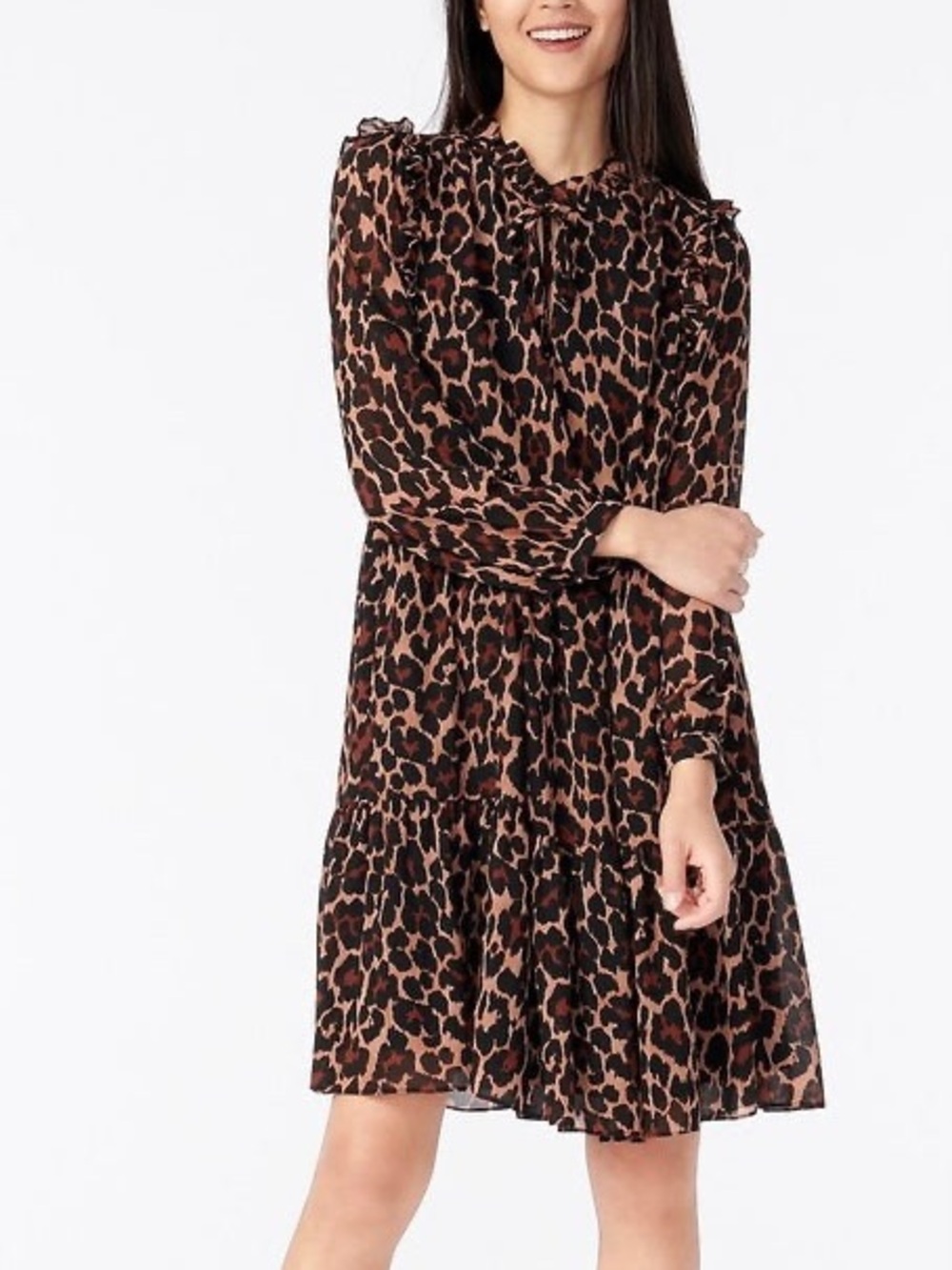 J.Crew Tie-Neck Tiered Dress in Leopard Crinkle Chiffon